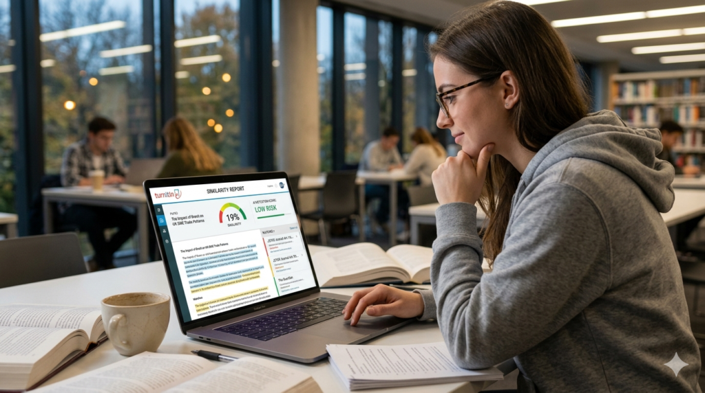 A girl checking plagiarism of content,