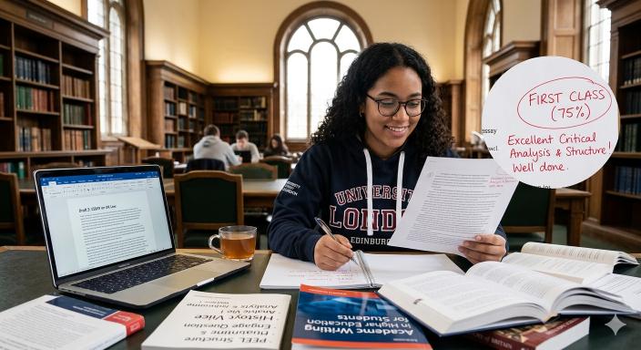 A happy girl seeing her essay
