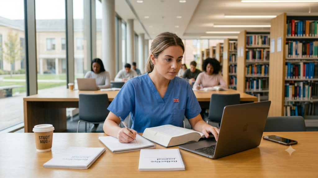 A nurse writing something on the notebook to see laptop