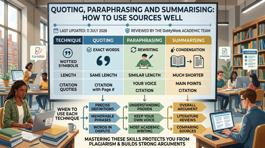 Image explaining about Quoting, Paraphrasing and Summarising